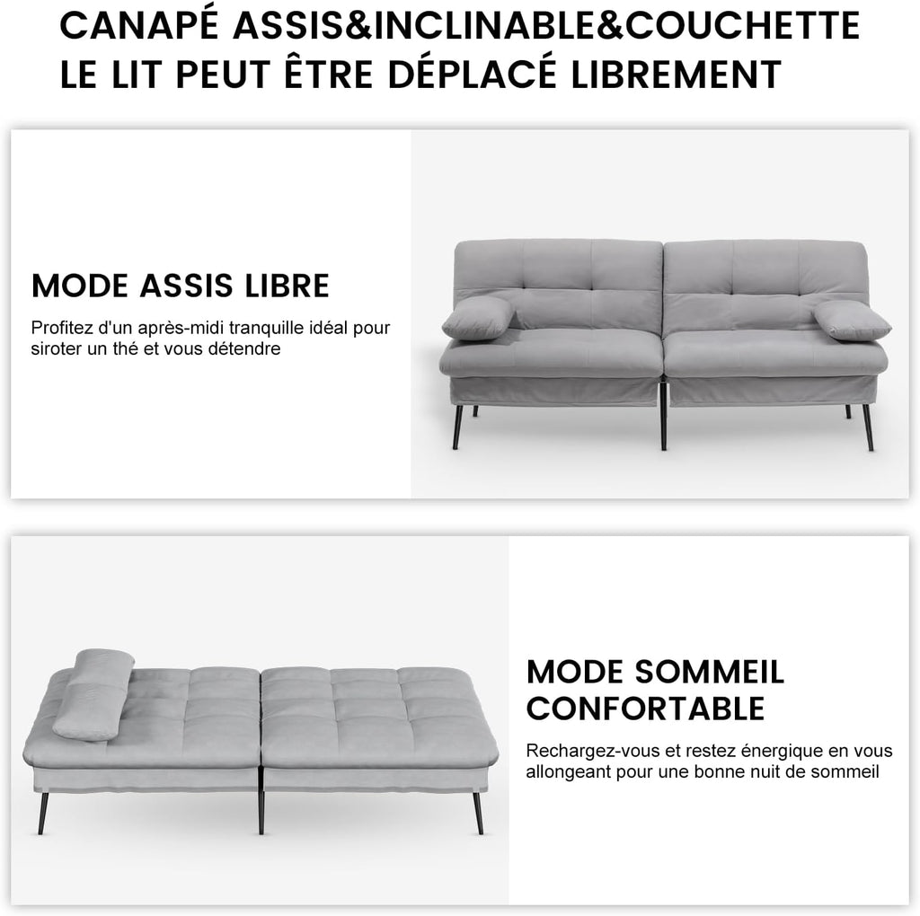 COMHOMA Slaapbank met slaapfunctie - Omvormbare futonhoes - Hoekbank - 3-zits gastenbank - met verstelbare stoffen rugleuning - Grijs 