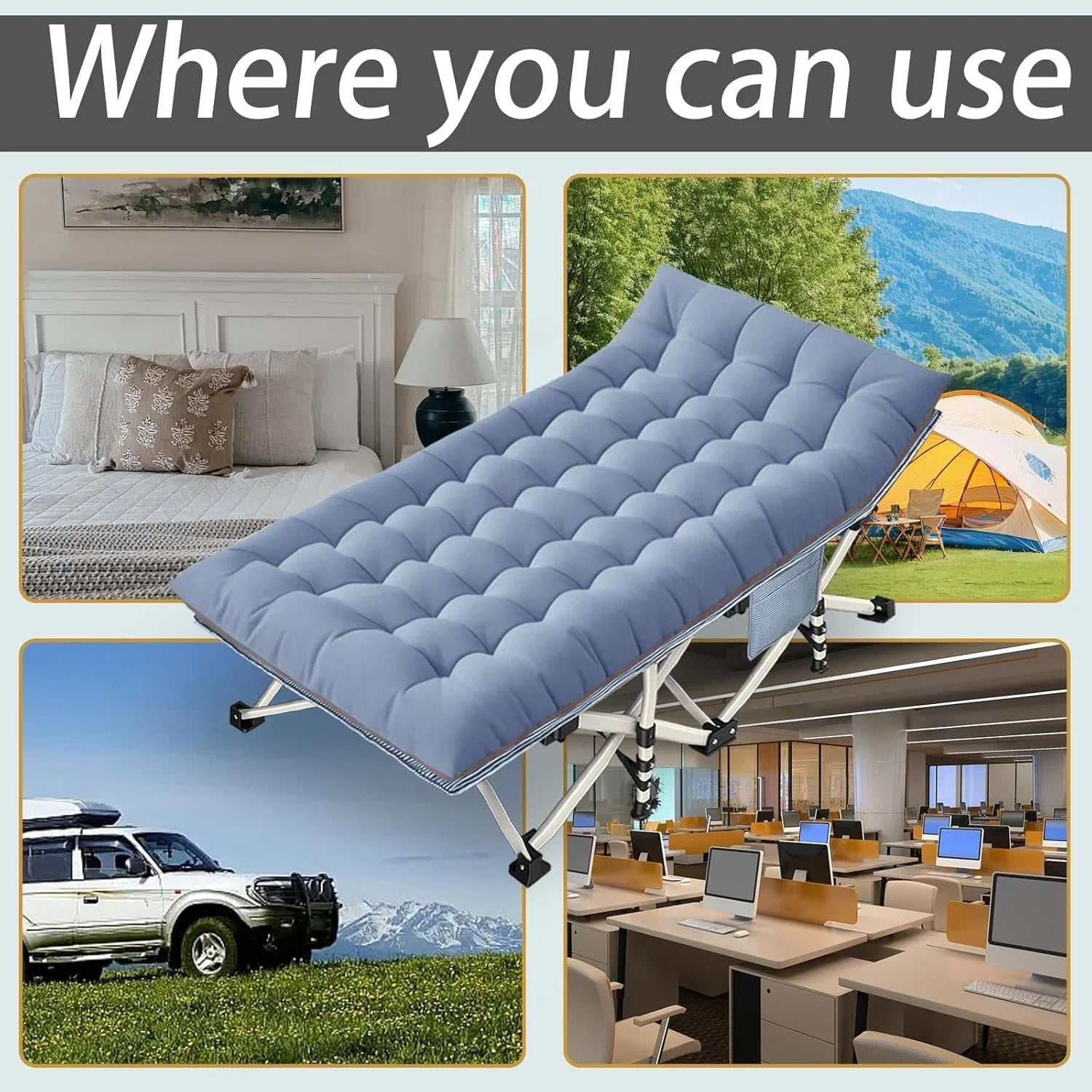 Lot de 2 lits de camping avec matelas, lits de couchage confortables, lits de camping pour adultes, lits pliants pour 2 personnes, lits de couchage robustes