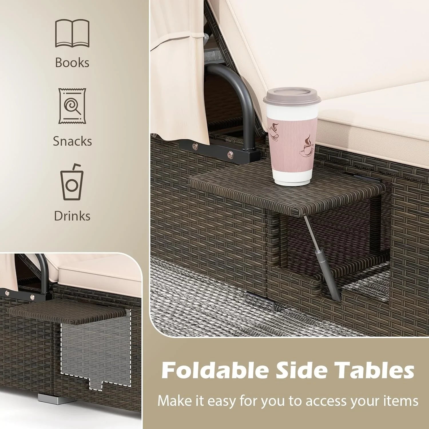 Lit de repos d'extérieur RELAX4LIFE avec auvent rétractable - Chaise longue double en osier avec dossier à 6 positions