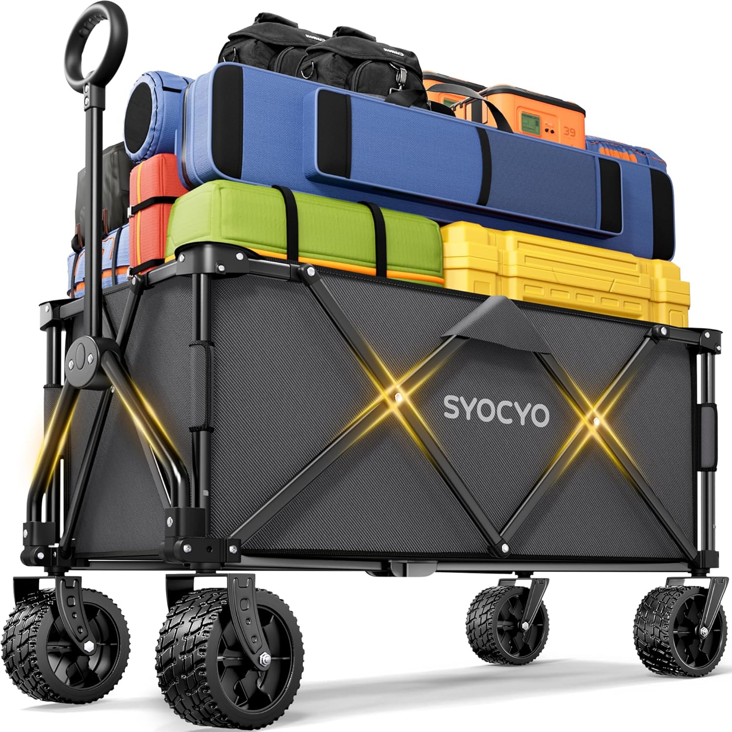 Chariot de plage pliable à grandes roues, chariot de plage pliable avec roues tout-terrain, grande capacité de charge, chariot robuste