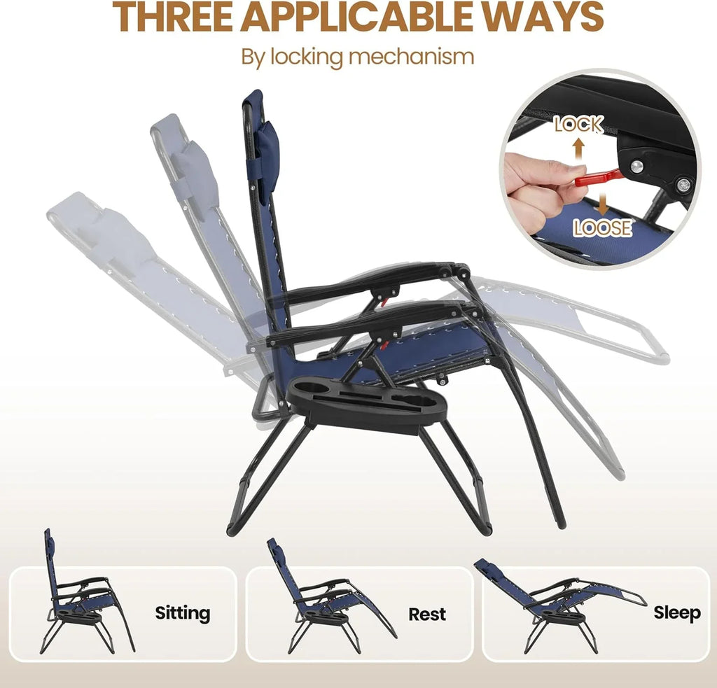 Ensemble de 3 chaises inclinables portables d'extérieur à gravité zéro avec table d'appoint et chaises longues pliantes