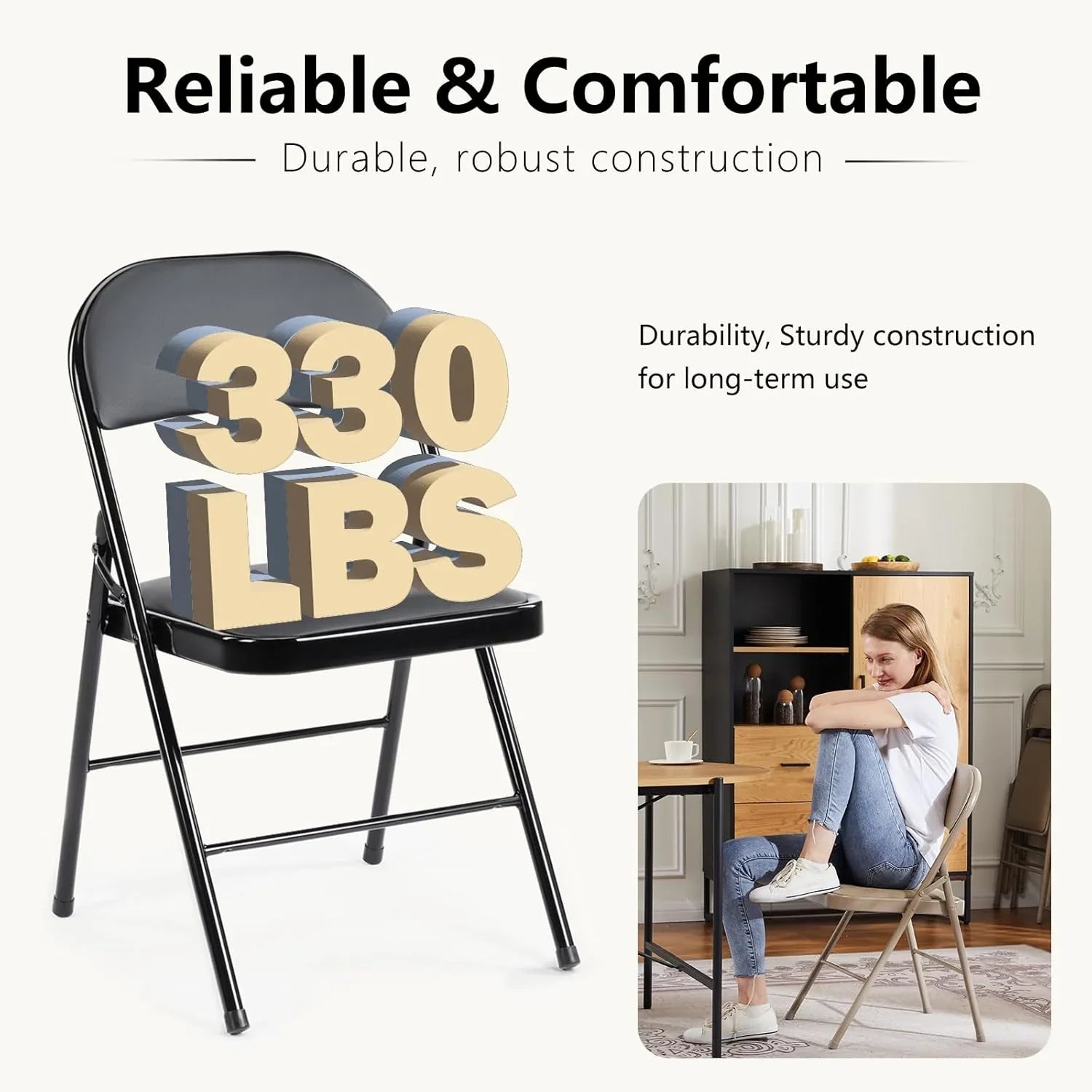 DUMOS Lot de 2 chaises pliantes rembourrées en cuir, siège commercial empilable portable pour intérieur et extérieur