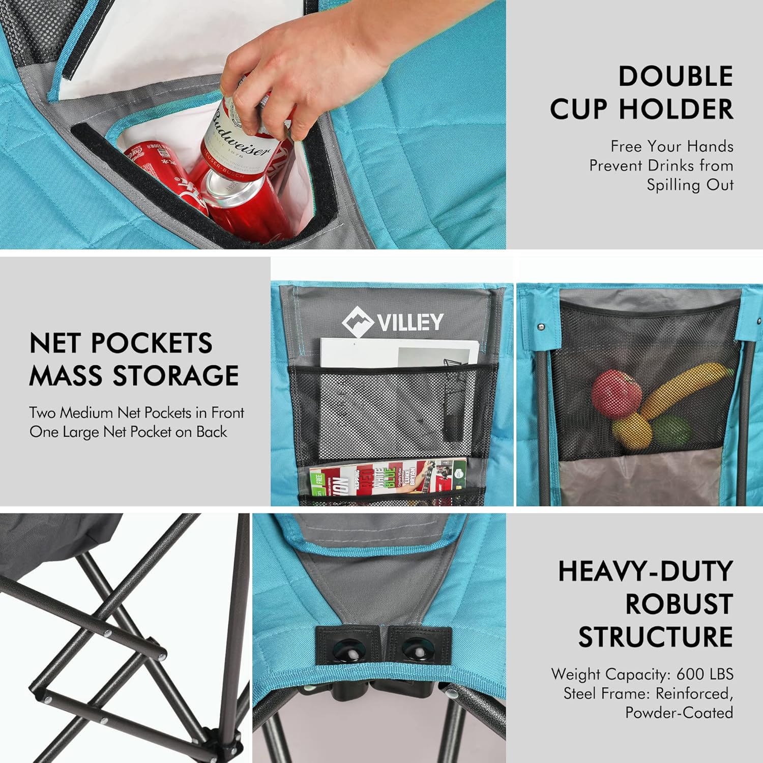 Chaise de camping double (avec sac isotherme), causeuse extra large, canapé de camping rembourré robuste, chaise pliante portable