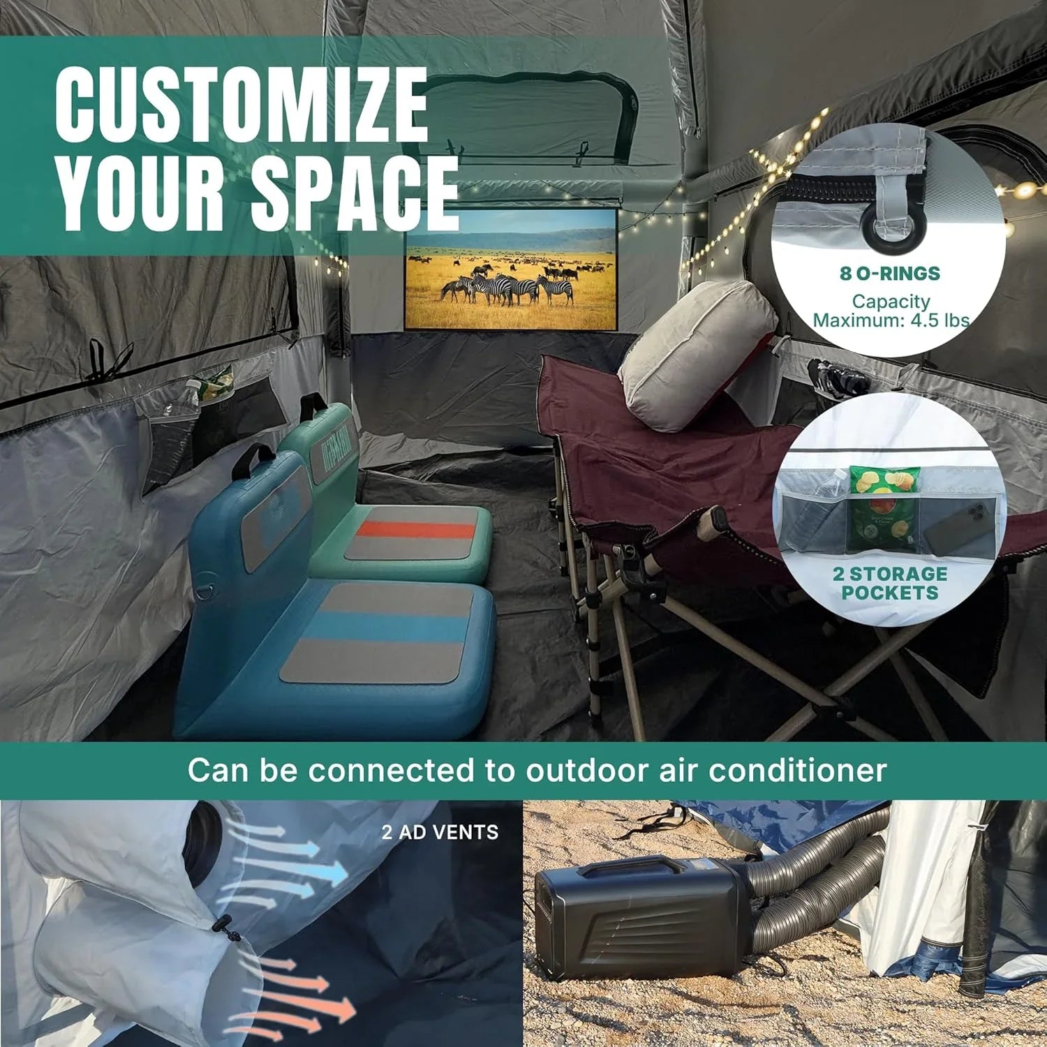 Tente de camion gonflable de 1,6 à 2,4 m, adaptée à 2+1 personnes/famille