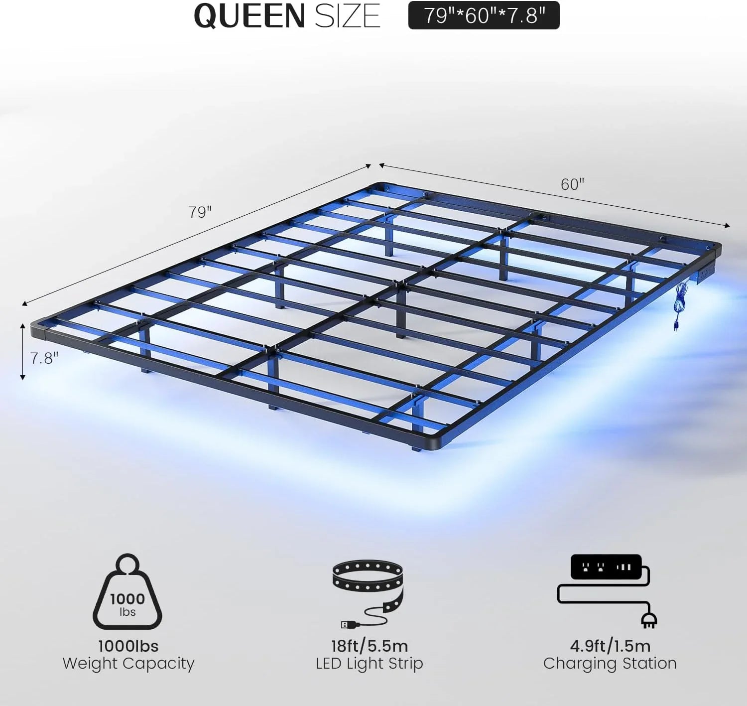 Cadre de lit flottant OLEVS Queen avec éclairage LED intelligent et station de charge