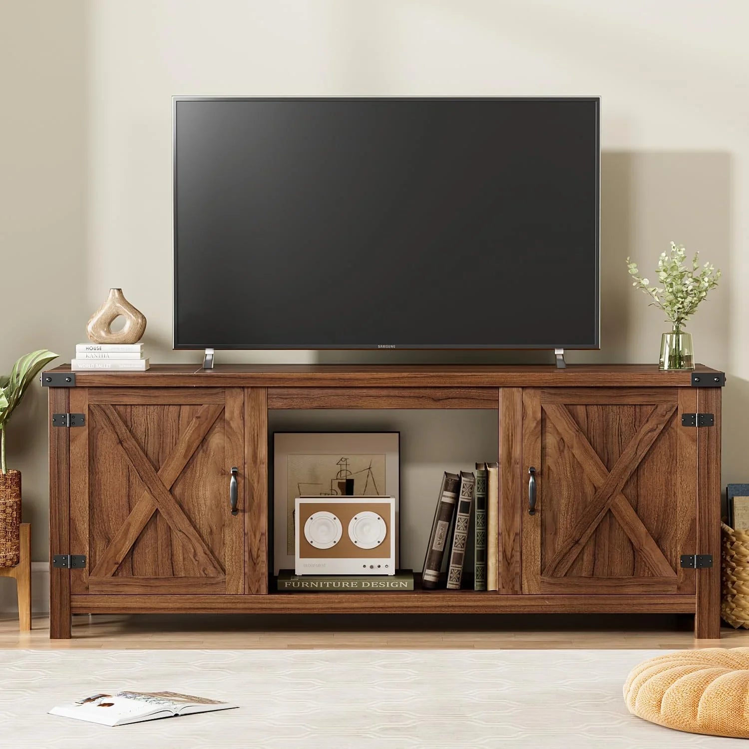 YESHOMY tv-meubel met open haard en twee schuifdeuren, opbergkasten voor tv's tot 65 inch en groter, entertainmentmeubel, mediameubel voor de woonkamer, 58 inch 