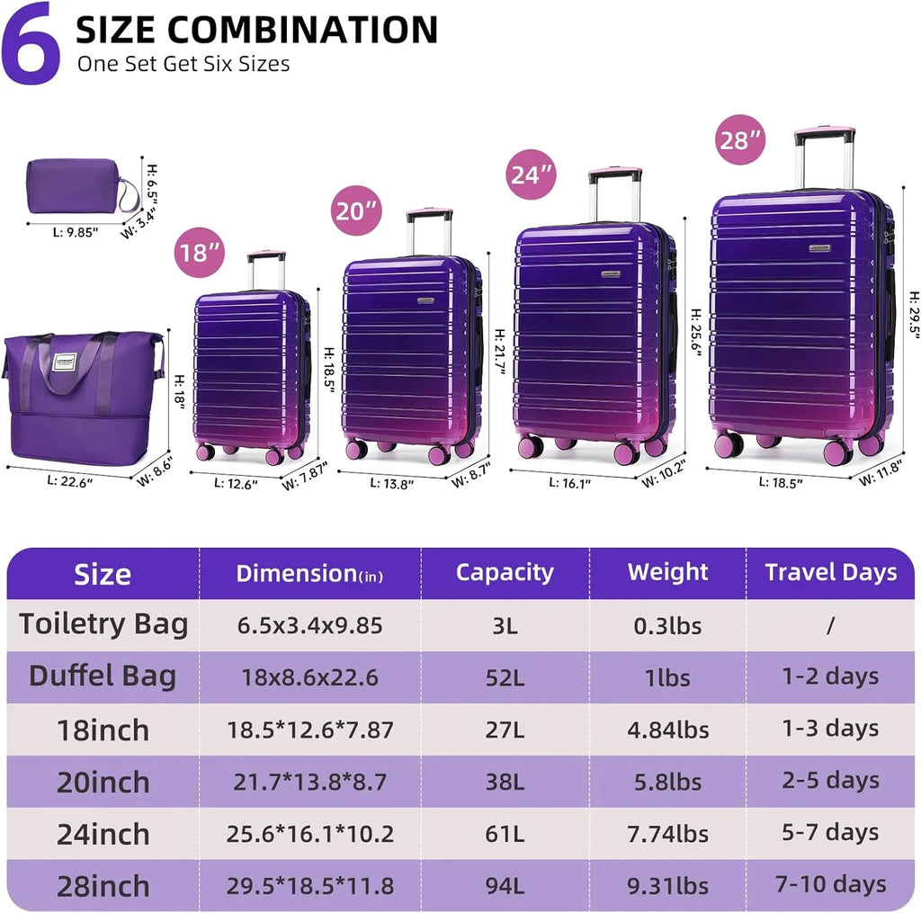 Ensemble de bagages 6 pièces, ensemble de valises rigides extensibles avec roulettes pivotantes, ensemble de bagages à roulettes légers