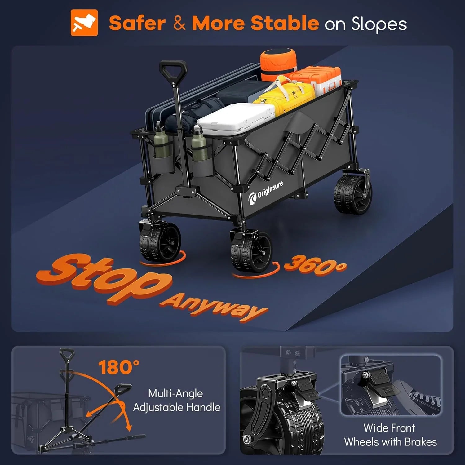 Poussette pliable à quatre roues de 96 cm de long, pliable, capacité de 200 kg, poussette de plage pliable robuste de 220 litres avec de grands pneus tout-terrain