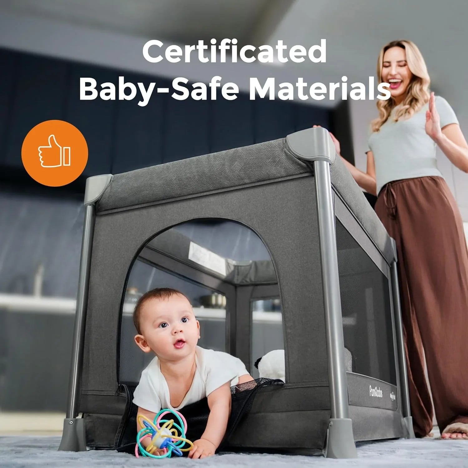 Parc pour bébé Pamo Babe - Le cadre en acier robuste offre un espace de couchage sûr et un berceau portable