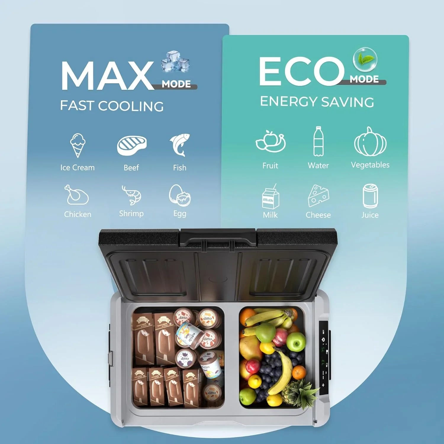 Réfrigérateur EUHOMY 12V, 53 qt (50 litres) Congélateur électrique Congélateur portable 12V Congélateur avec roulettes et 2 paniers