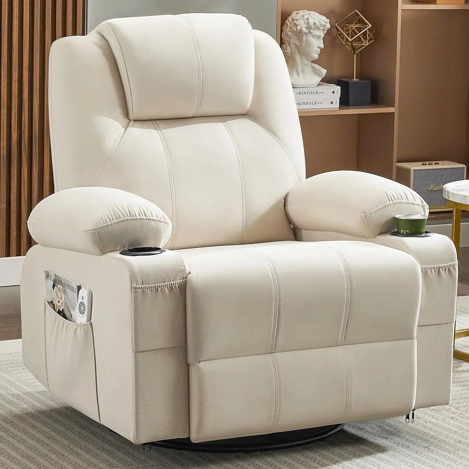 Grand fauteuil inclinable pivotant à bascule avec fonction chauffage et massage, canapé simple pivotant à 360 degrés