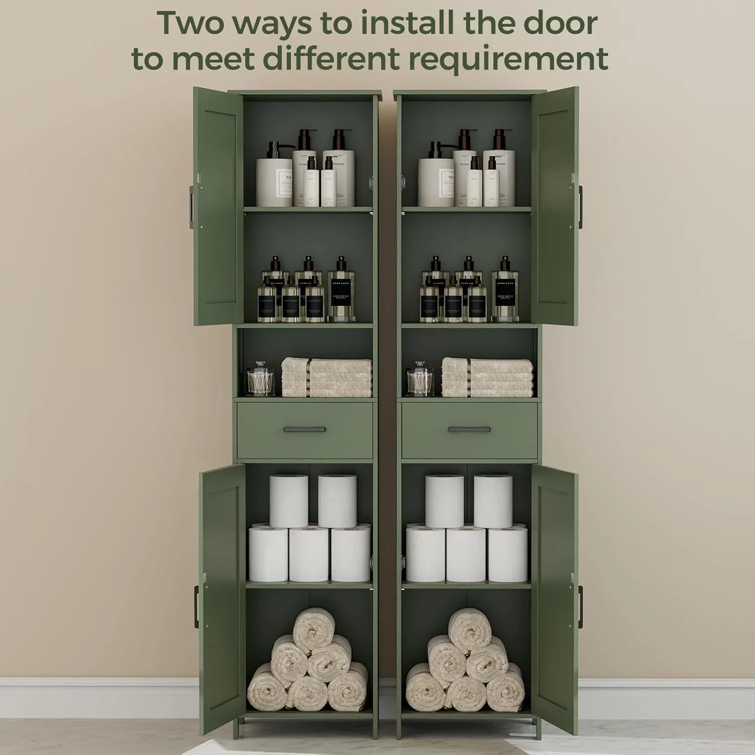 Meuble de rangement de salle de bain Homhedy de 67 po de hauteur avec 2 portes de grange et 1 tiroir