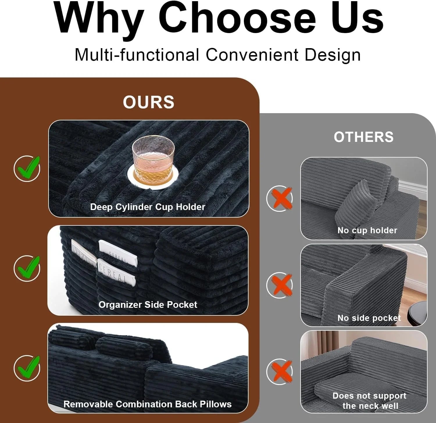 Cloud section sofa with L-shaped recliner, modern modular sofa, built-in cup holder