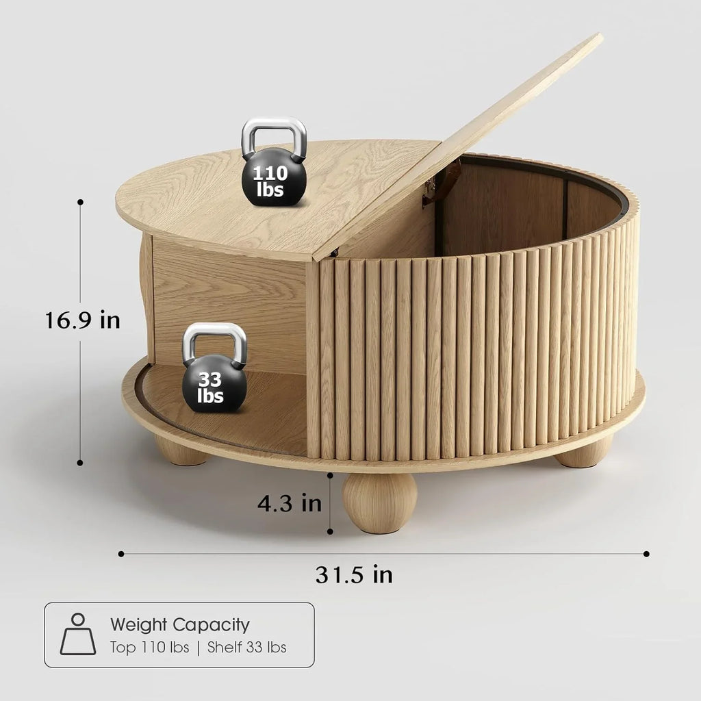 Table basse ronde avec rangement, table centrale encastrée avec portes coulissantes