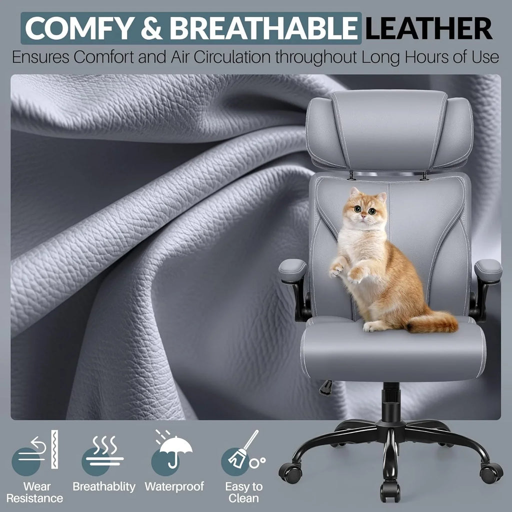 Chaise de bureau pivotante à pieds hauts, en cuir respirant, avec support lombaire