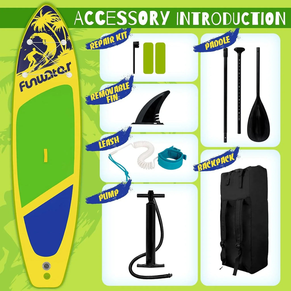 Planche de stand up paddle gonflable FunWater avec accessoires de pagaie SUP haut de gamme, pont EVA antidérapant, pagaie 11'/10'6'