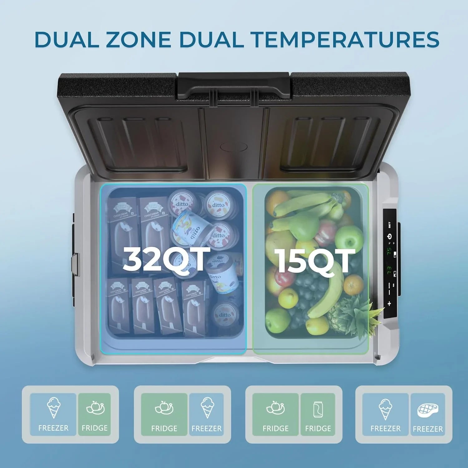 Réfrigérateur EUHOMY 12V, 53 qt (50 litres) Congélateur électrique Congélateur portable 12V Congélateur avec roulettes et 2 paniers