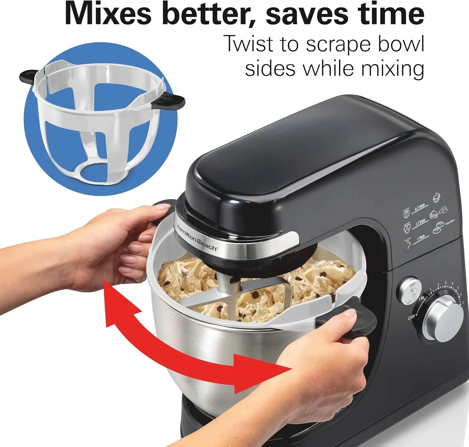 Batteur sur socle électrique Hamilton Beach, 4 litres, crochet pétrisseur, batteur plat, protection anti-éclaboussures, 7 vitesses avec fouet