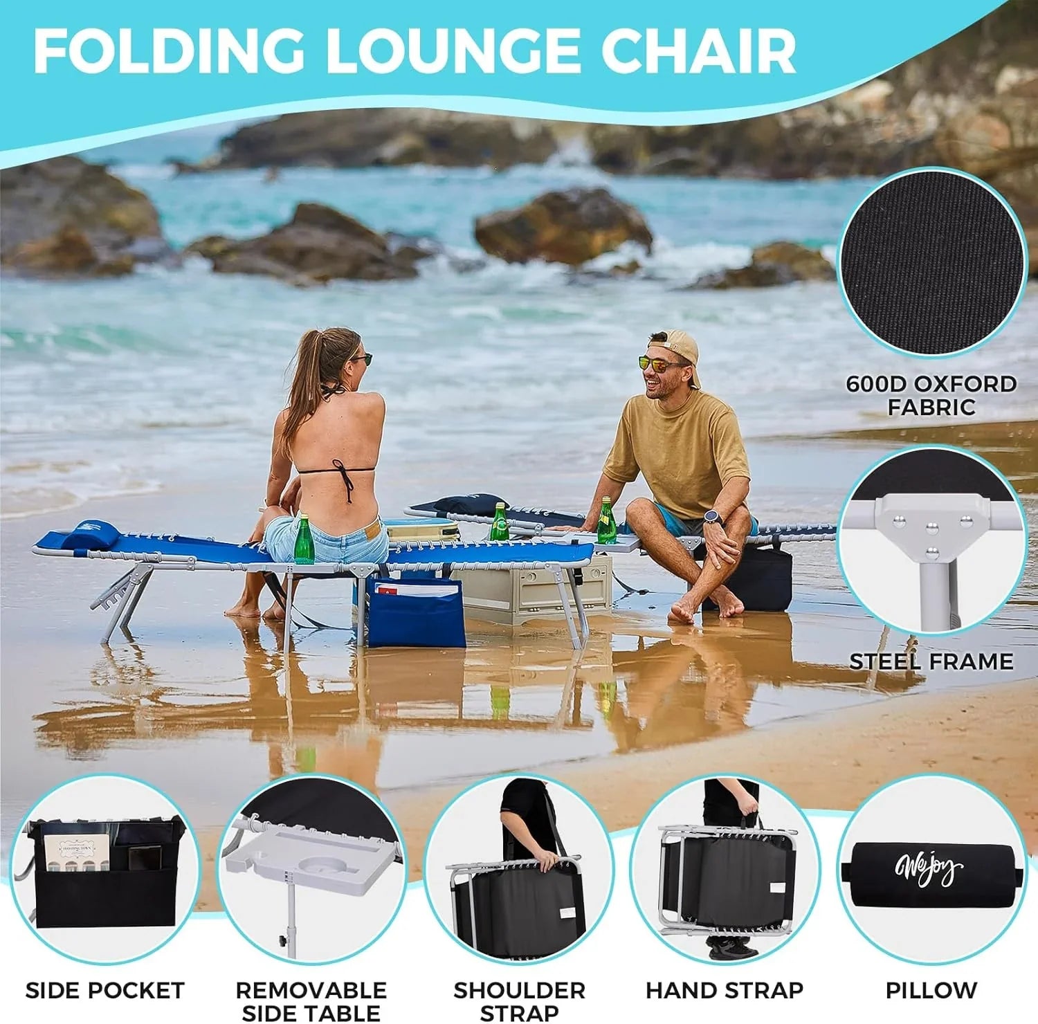 Lot de 2 chaises longues d'extérieur - Chaise longue pliante portable pour patio, piscine, camping, inclinable et réglable sur 5 positions