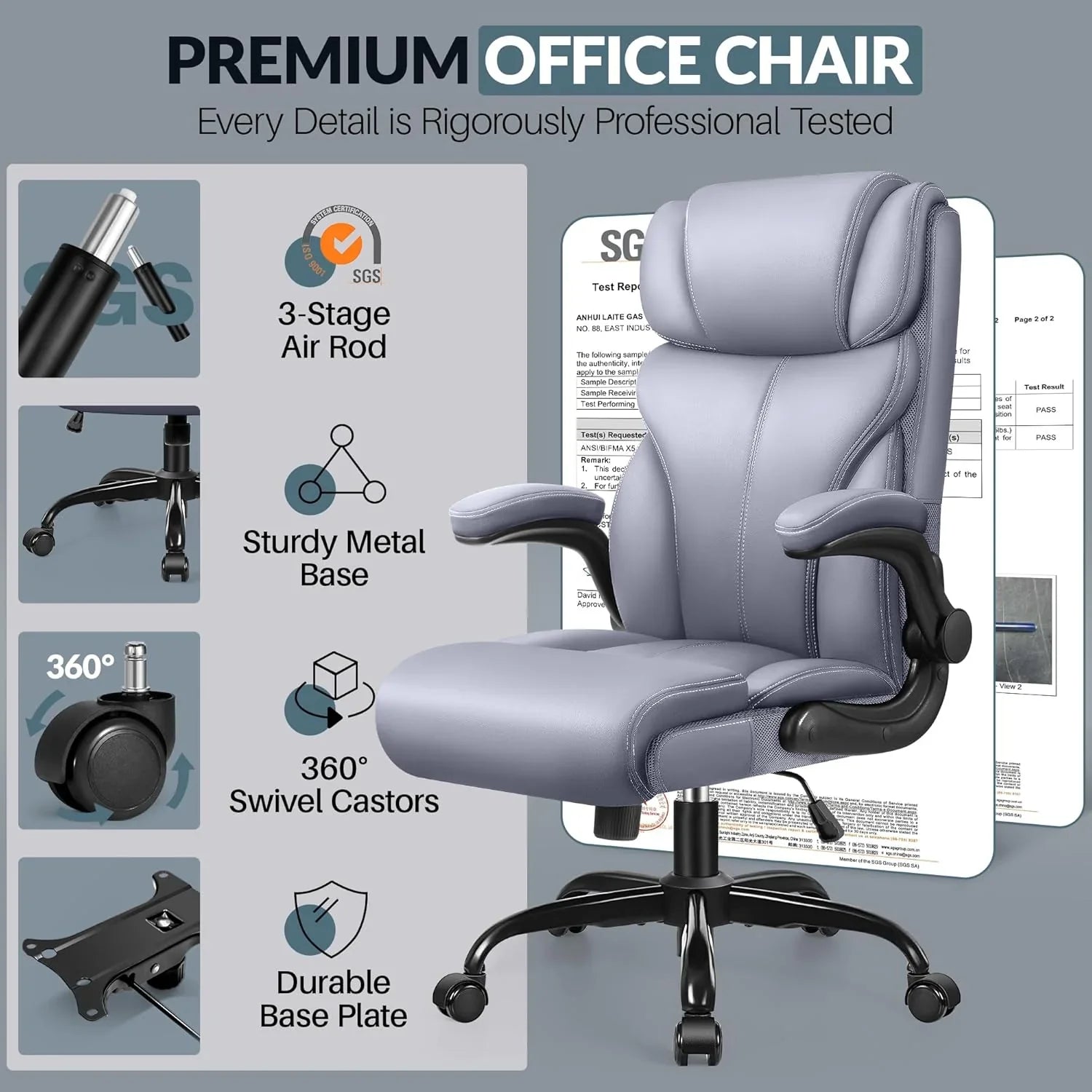 Chaise de bureau pivotante à pieds hauts, en cuir respirant, avec support lombaire