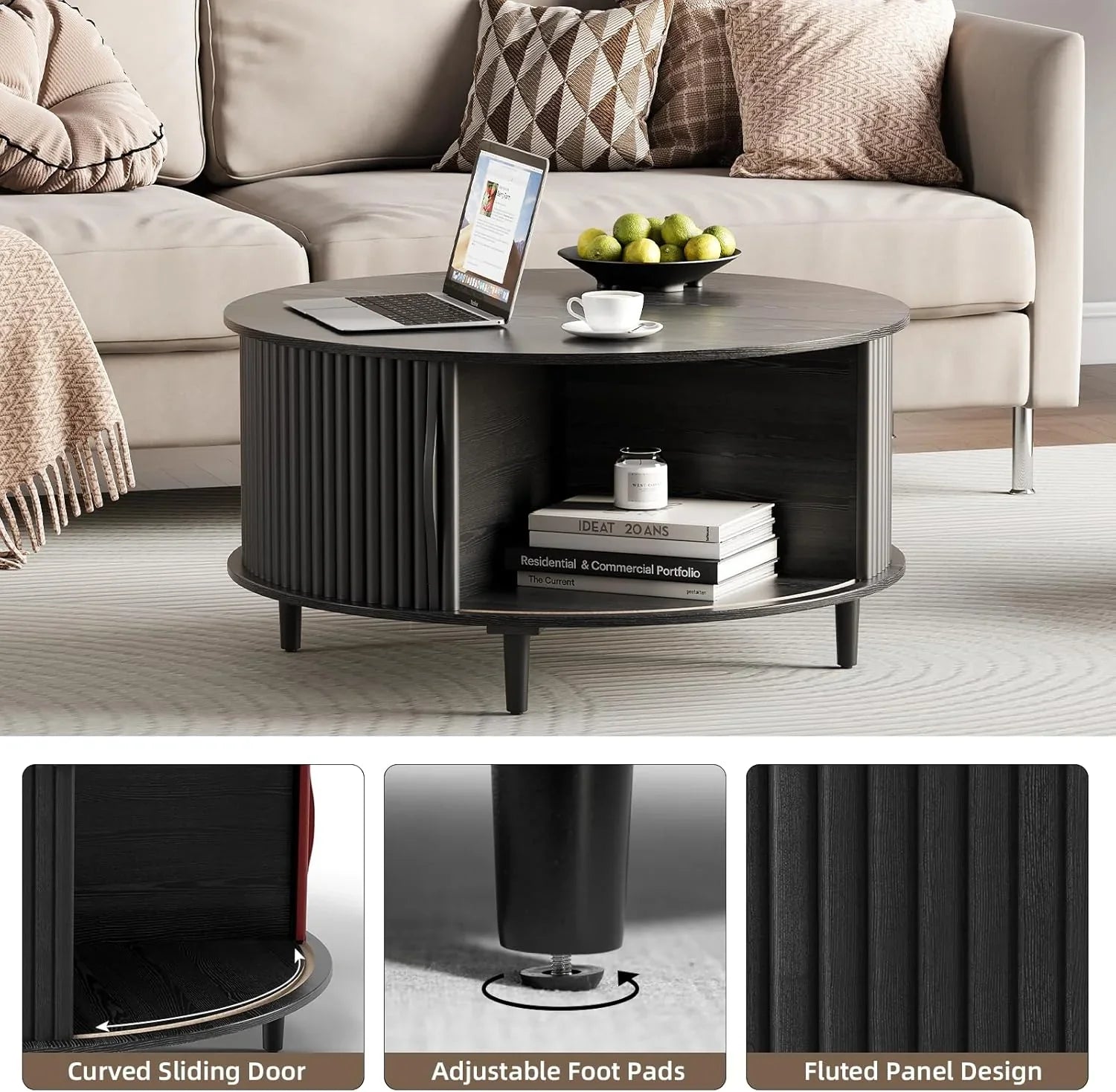 Table basse ronde avec rangement, table centrale encastrée avec portes coulissantes