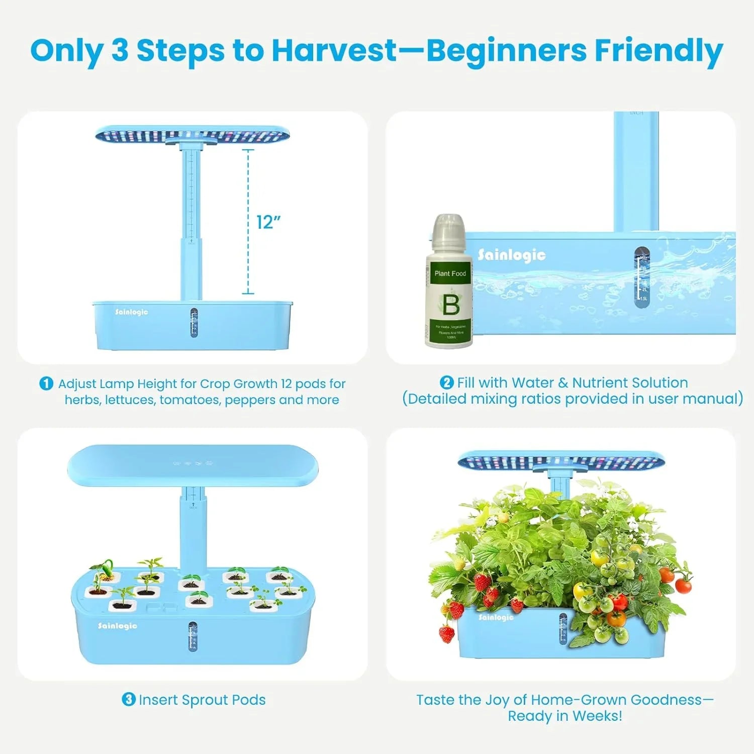 Kit de plantation hydroponique, 12 jardinières d'arrosage, jardin intérieur intelligent avec application et connexion Wi-Fi