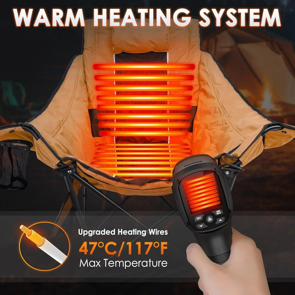 Chaise de camping chauffante, chaise de sport d'extérieur extra large avec 3 niveaux de chaleur sur le dossier et l'assise, chaise d'extérieur chauffante pliante portable (piles non incluses)
