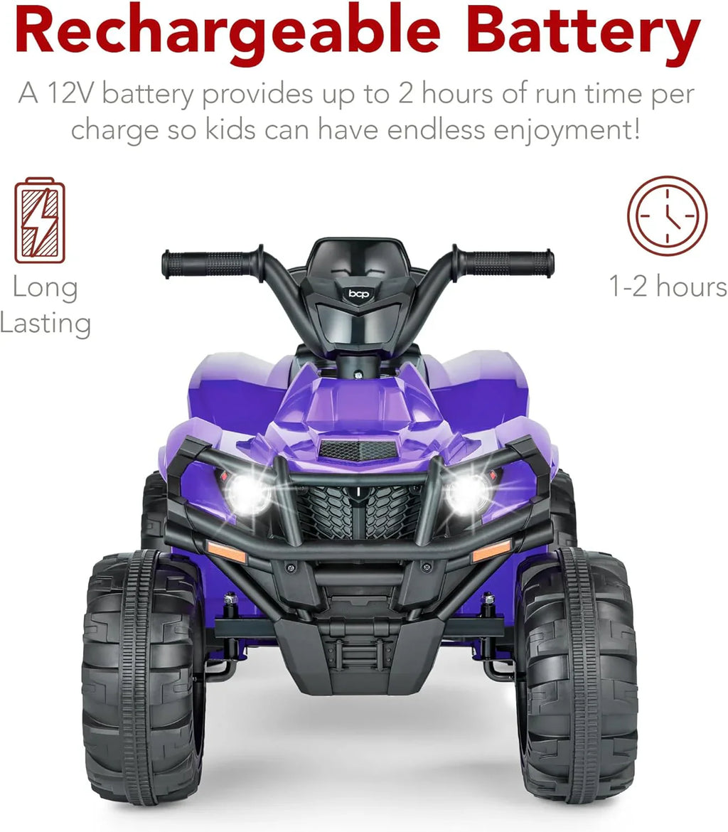 Véhicule tout-terrain électrique 12 V pour enfants, quad à 4 roues avec audio Bluetooth, vitesse maximale de 2,4 mph, pneus à crampons, phares à LED et radio.