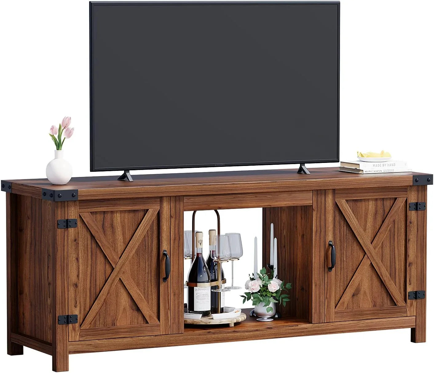 YESHOMY tv-meubel met open haard en twee schuifdeuren, opbergkasten voor tv's tot 65 inch en groter, entertainmentmeubel, mediameubel voor de woonkamer, 58 inch 