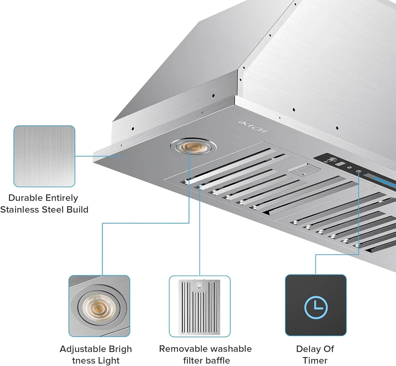Hotte de cuisine encastrable/enfichable IKTCH 30 po 900 pi³/min, avec ou sans conduit, convertible en acier inoxydable