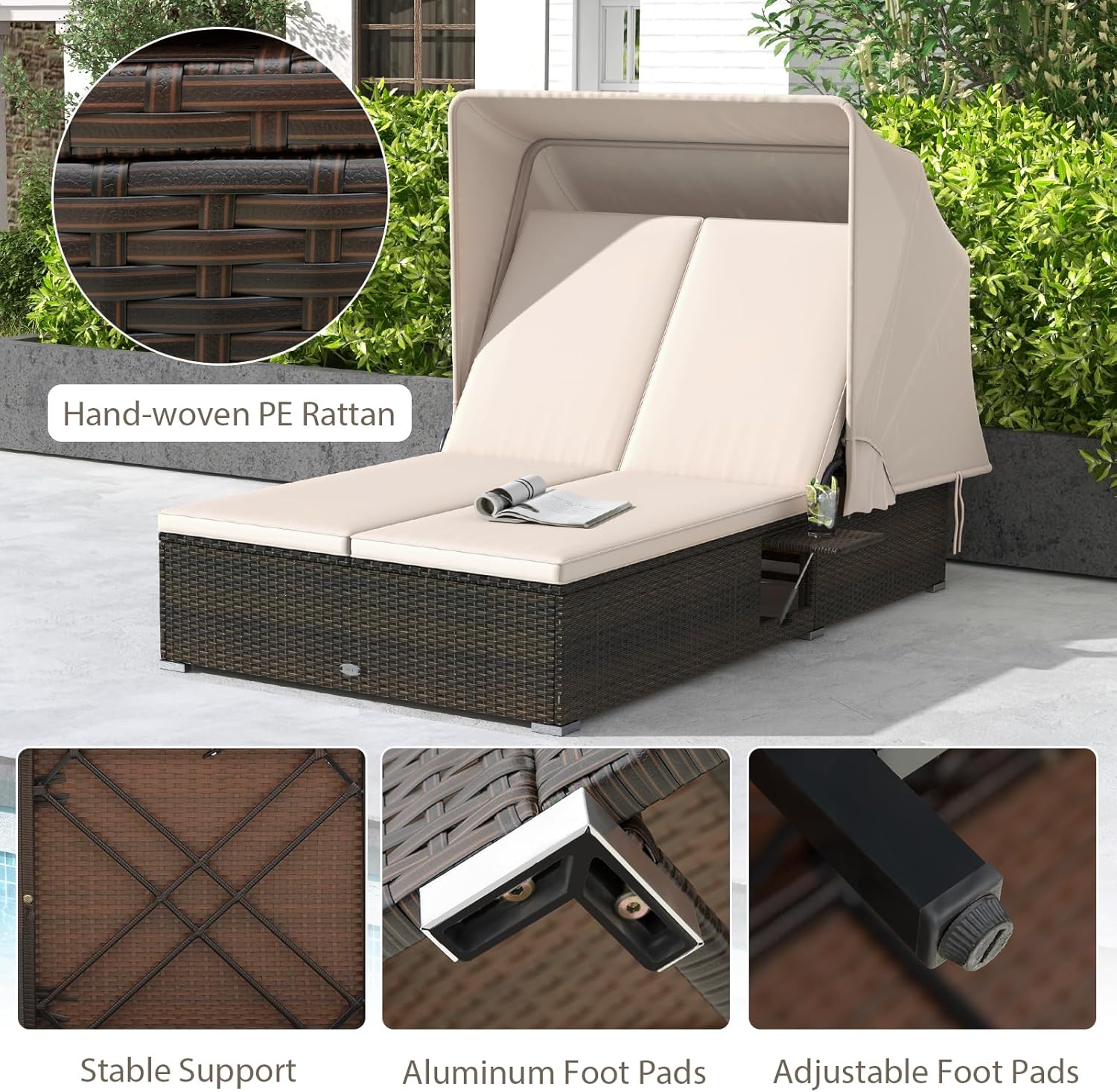 Lit de repos d'extérieur RELAX4LIFE avec auvent rétractable - Chaise longue double en osier avec dossier à 6 positions