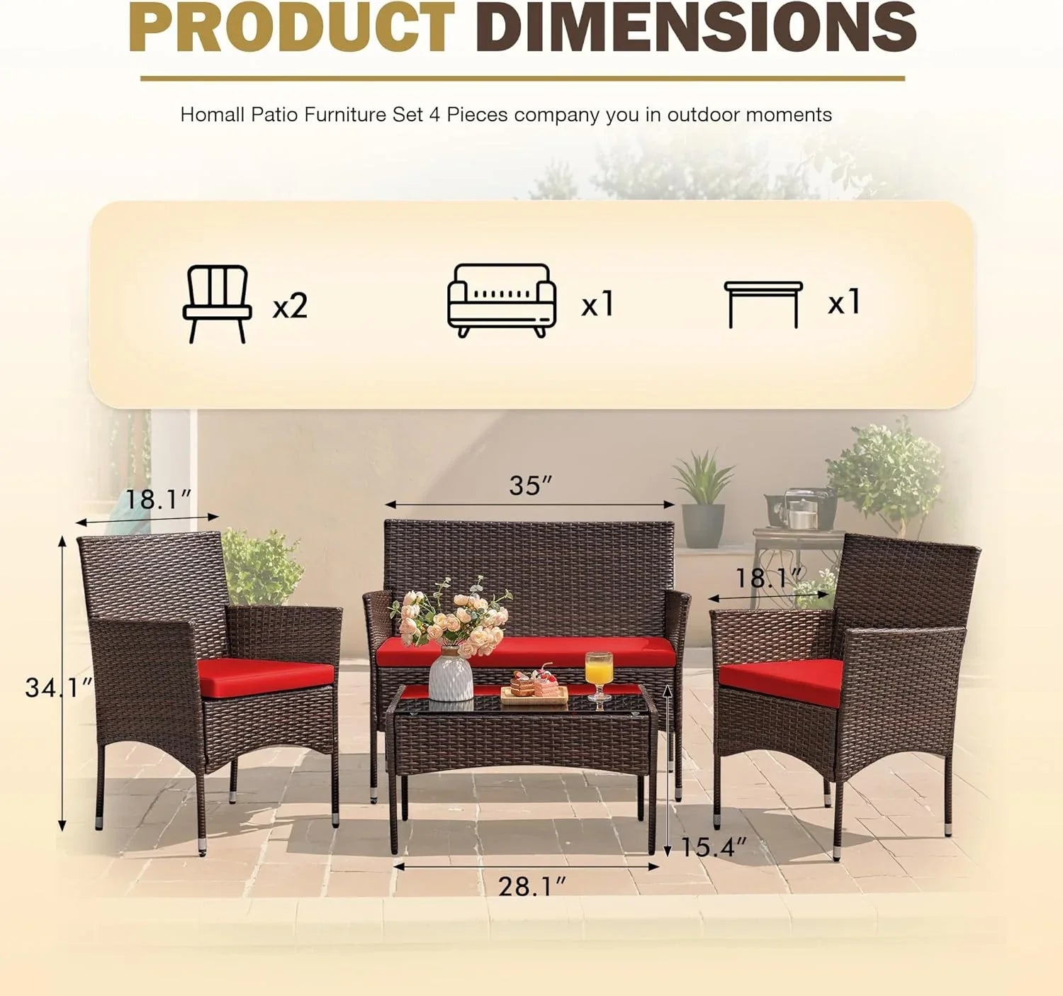 Ensemble de meubles de patio extérieur 4 pièces, ensemble de chaises en rotin et osier