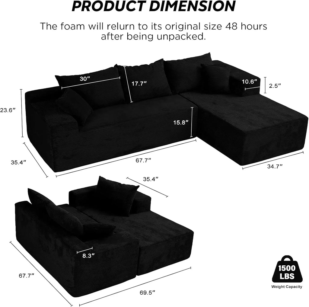Cloud sofa with L-shaped lounge chair, modern modular sofa with deep seats