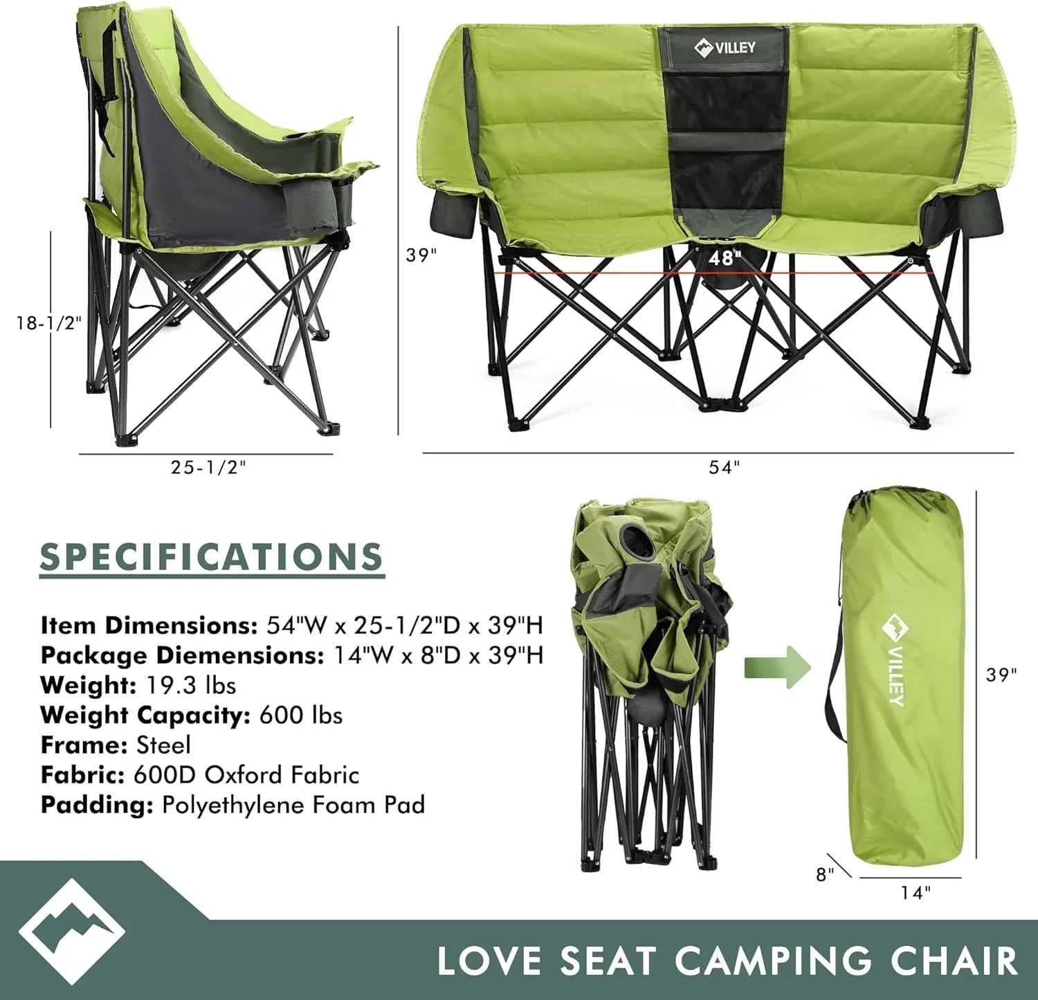 Chaise de camping double (avec sac isotherme), causeuse extra large, canapé de camping rembourré robuste, chaise pliante portable
