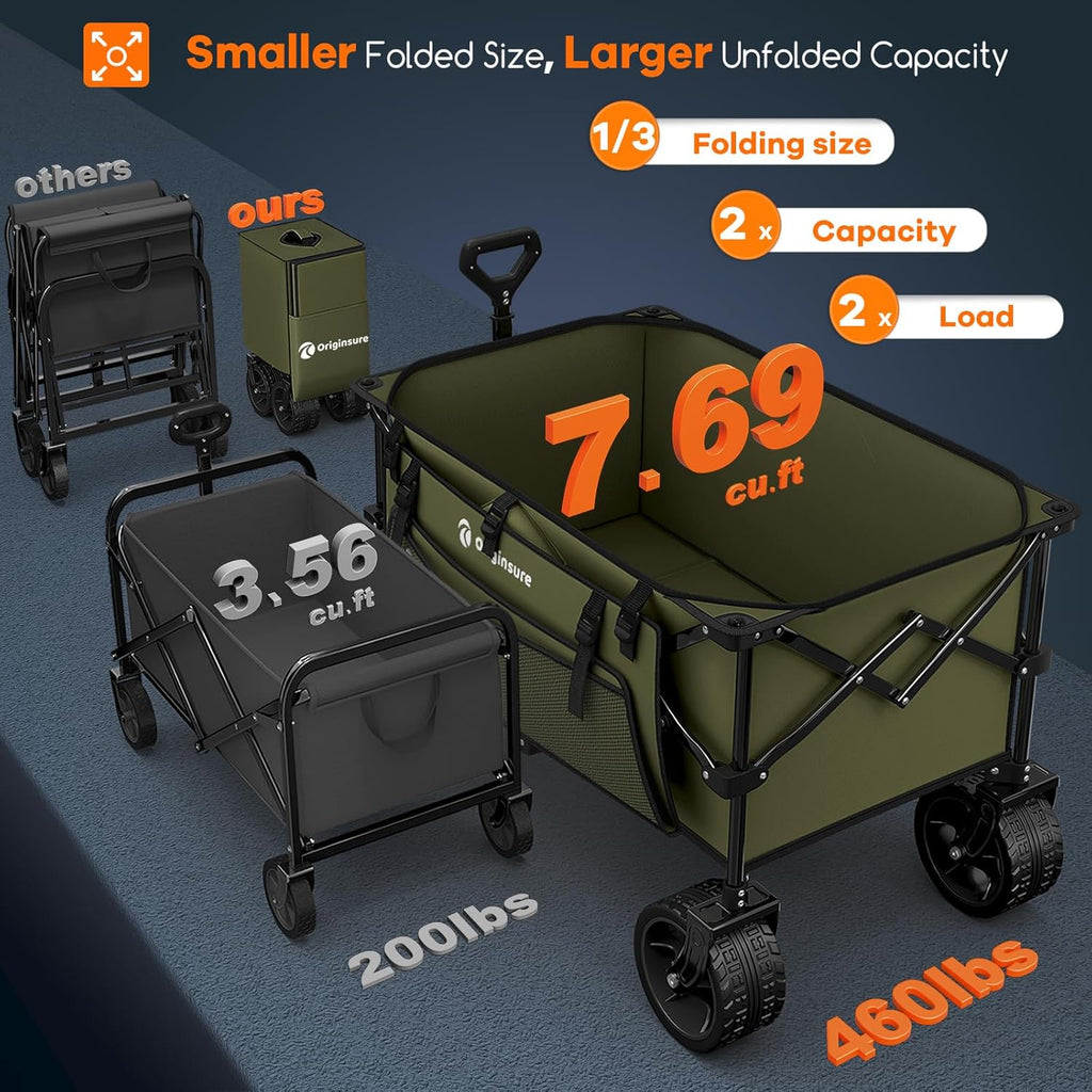 Poussette pliable à quatre roues de 96 cm de long, pliable, capacité de 200 kg, poussette de plage pliable robuste de 220 litres avec de grands pneus tout-terrain