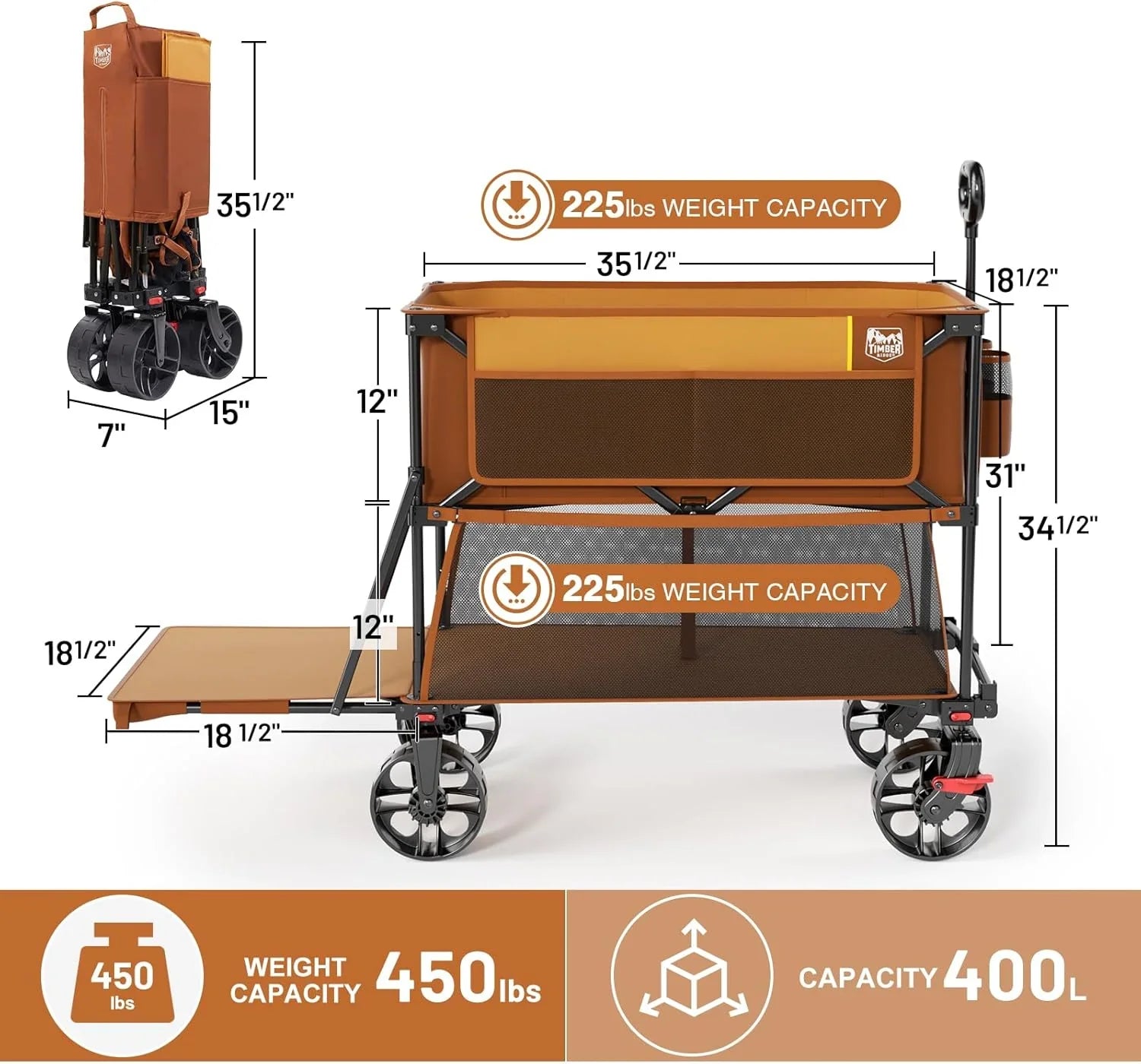 Chariot pliable à deux étages de grande capacité de 400 L avec freins, chariot extra-long de 54 pouces, chariot pliable robuste de 450 livres