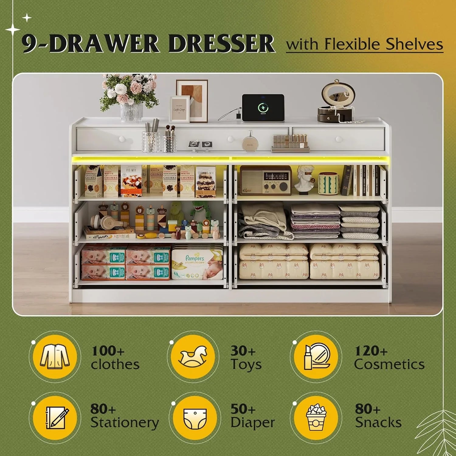 Commode LED à 9 tiroirs pour chambre à coucher, 148 cm de large, organiseur de rangement en bois avec prise électrique