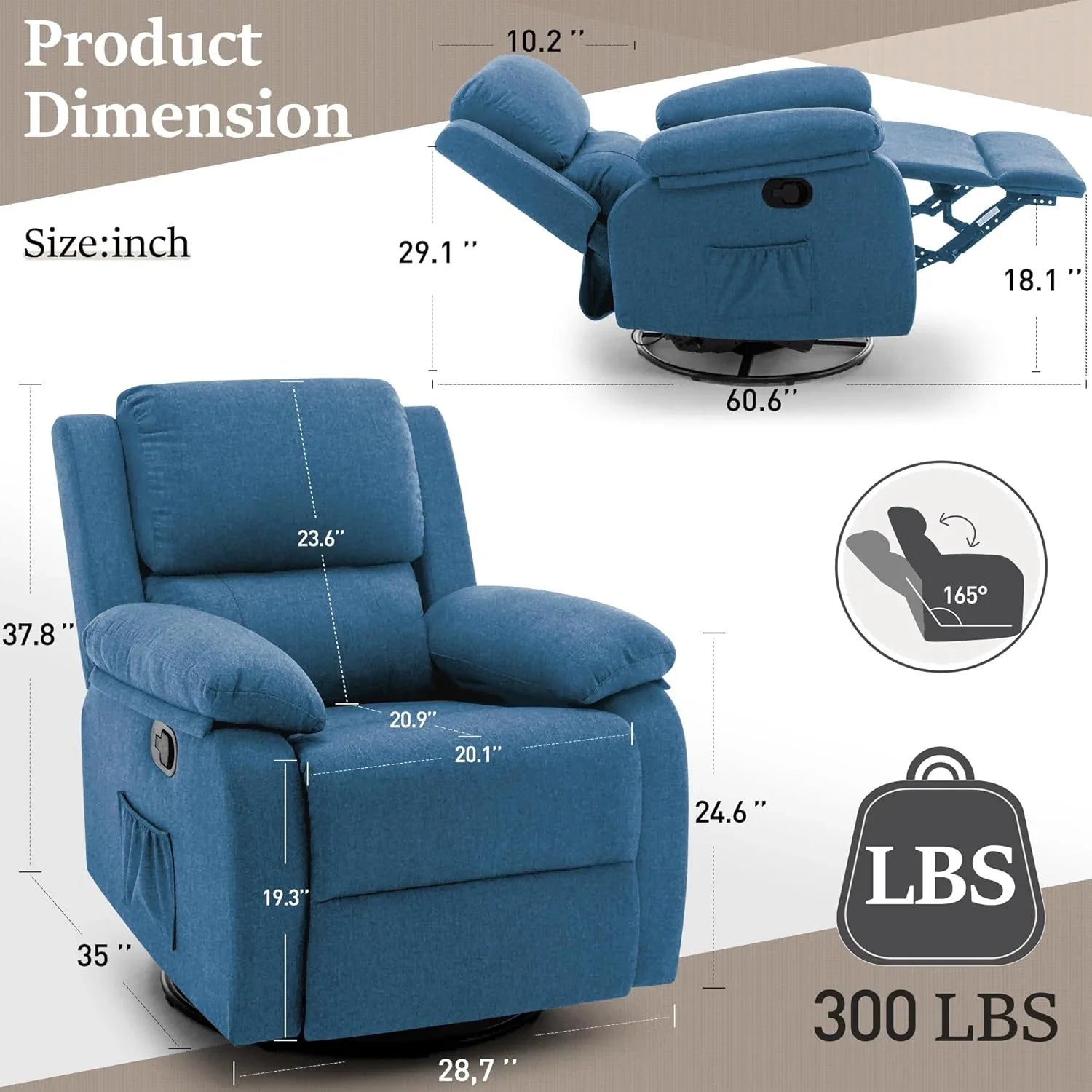 Fauteuil à bascule inclinable pivotant à 360 degrés en tissu coulissant
