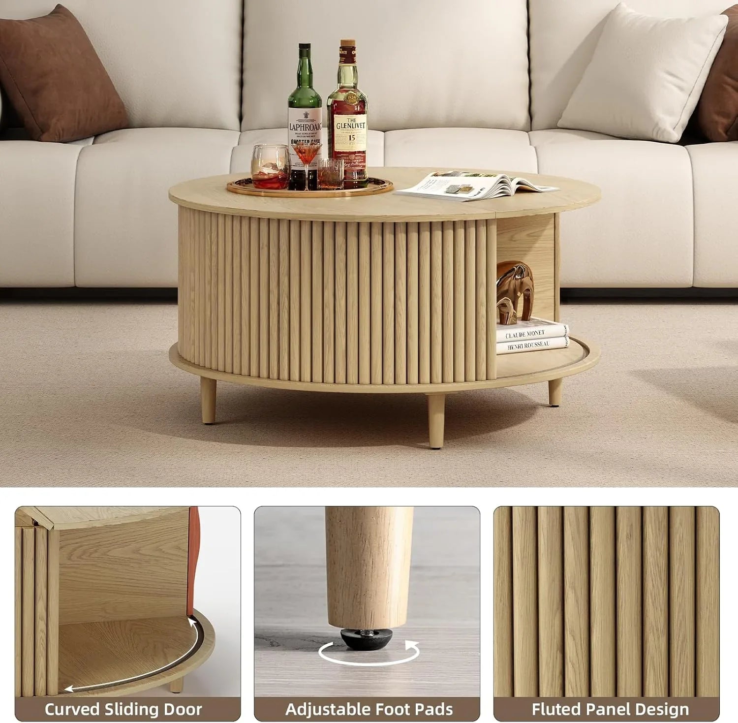 Table basse ronde avec rangement, table centrale encastrée avec portes coulissantes