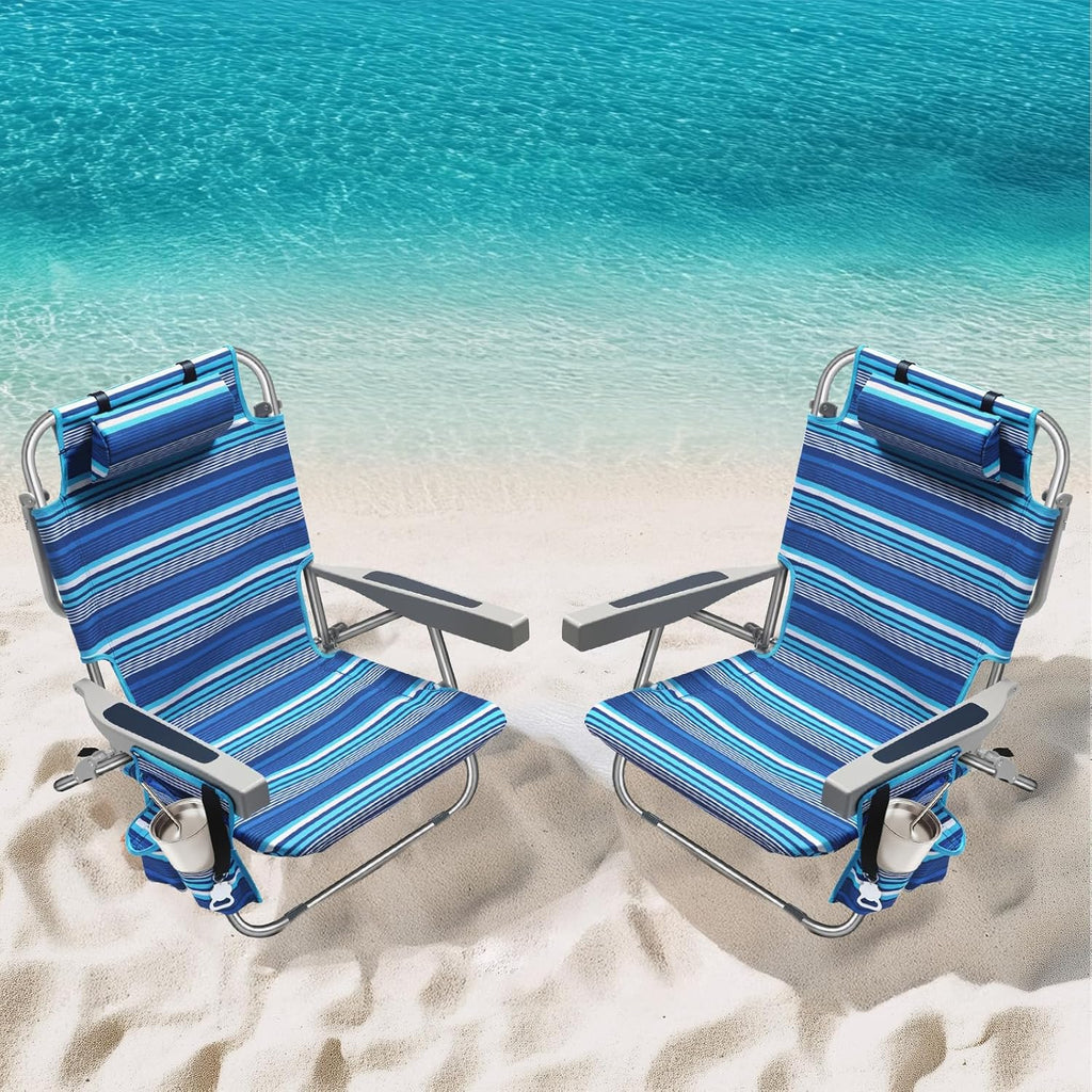 Lot de 2 chaises de plage compactes et portables pour adultes, en aluminium, 5 positions, avec pochette isotherme