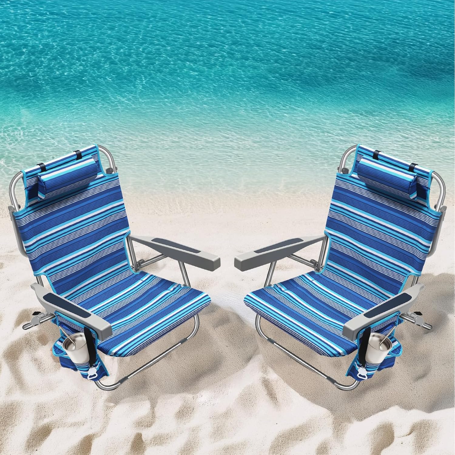 Lot de 2 chaises de plage compactes et portables pour adultes, en aluminium, 5 positions, avec pochette isotherme