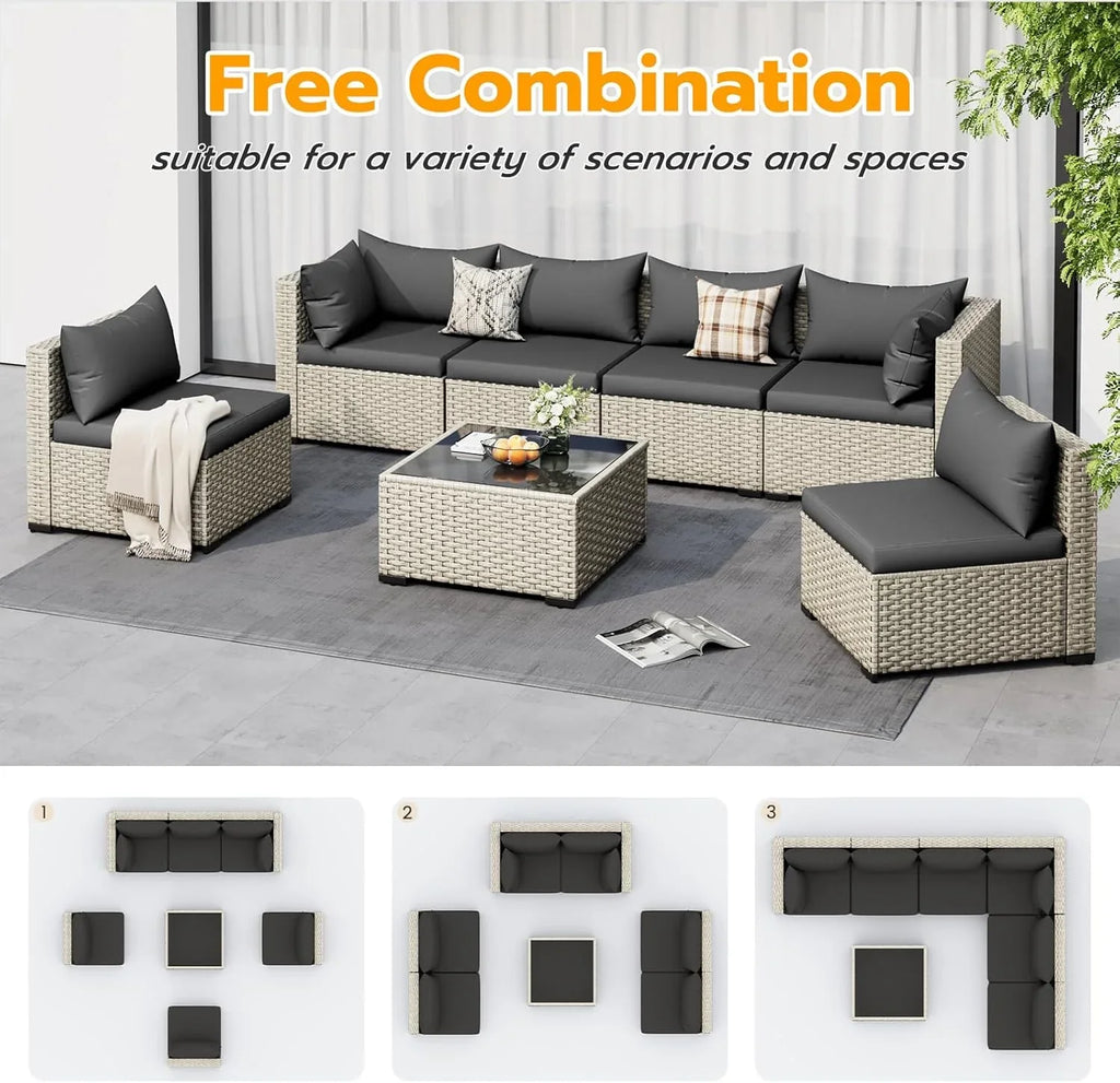 Ensemble de meubles de jardin UDPATIO, canapé sectionnel en osier PE 7 pièces avec table à thé, ensemble de conversation extérieur