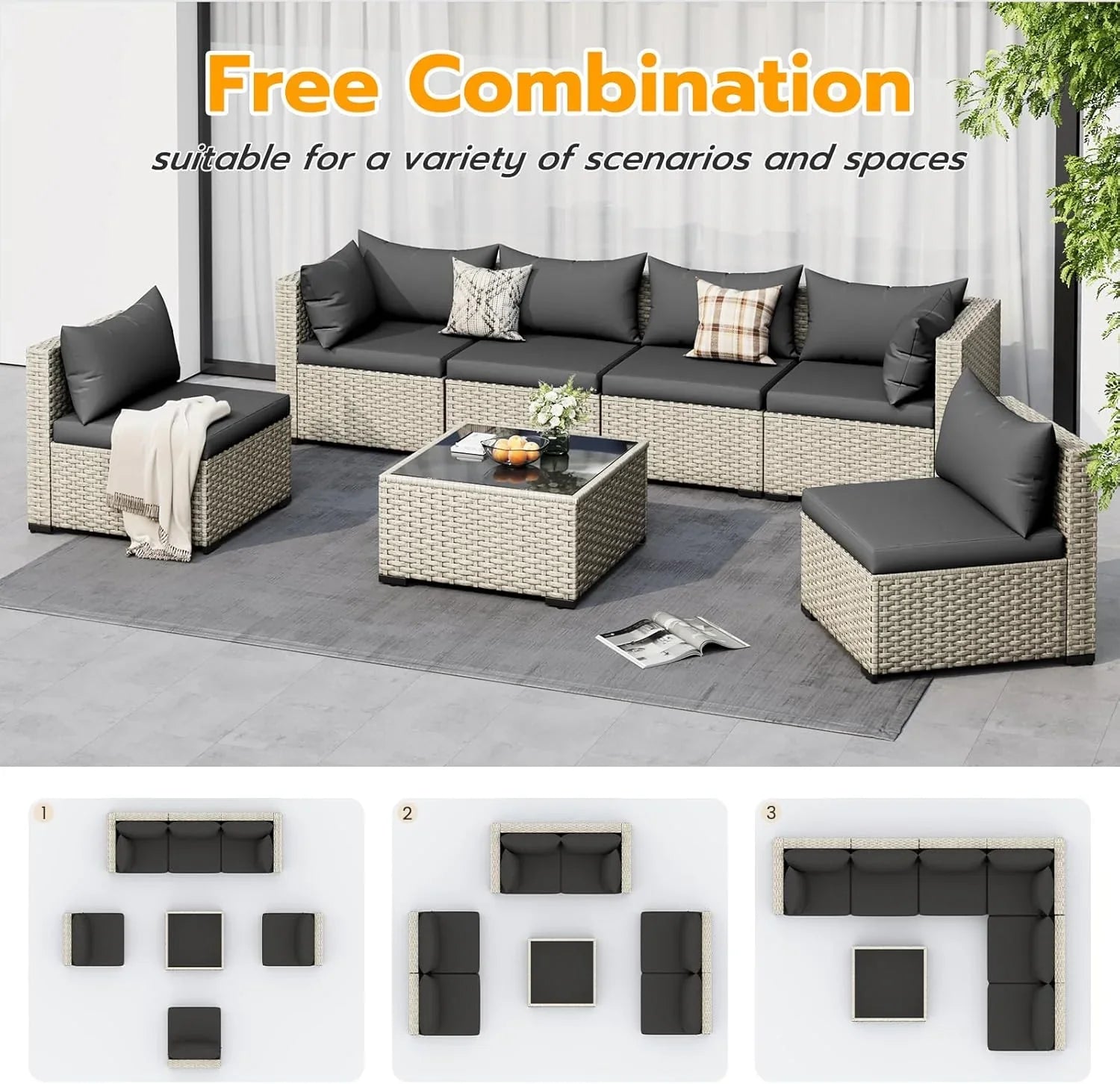 Ensemble de meubles de jardin UDPATIO, canapé sectionnel en osier PE 7 pièces avec table à thé, ensemble de conversation extérieur