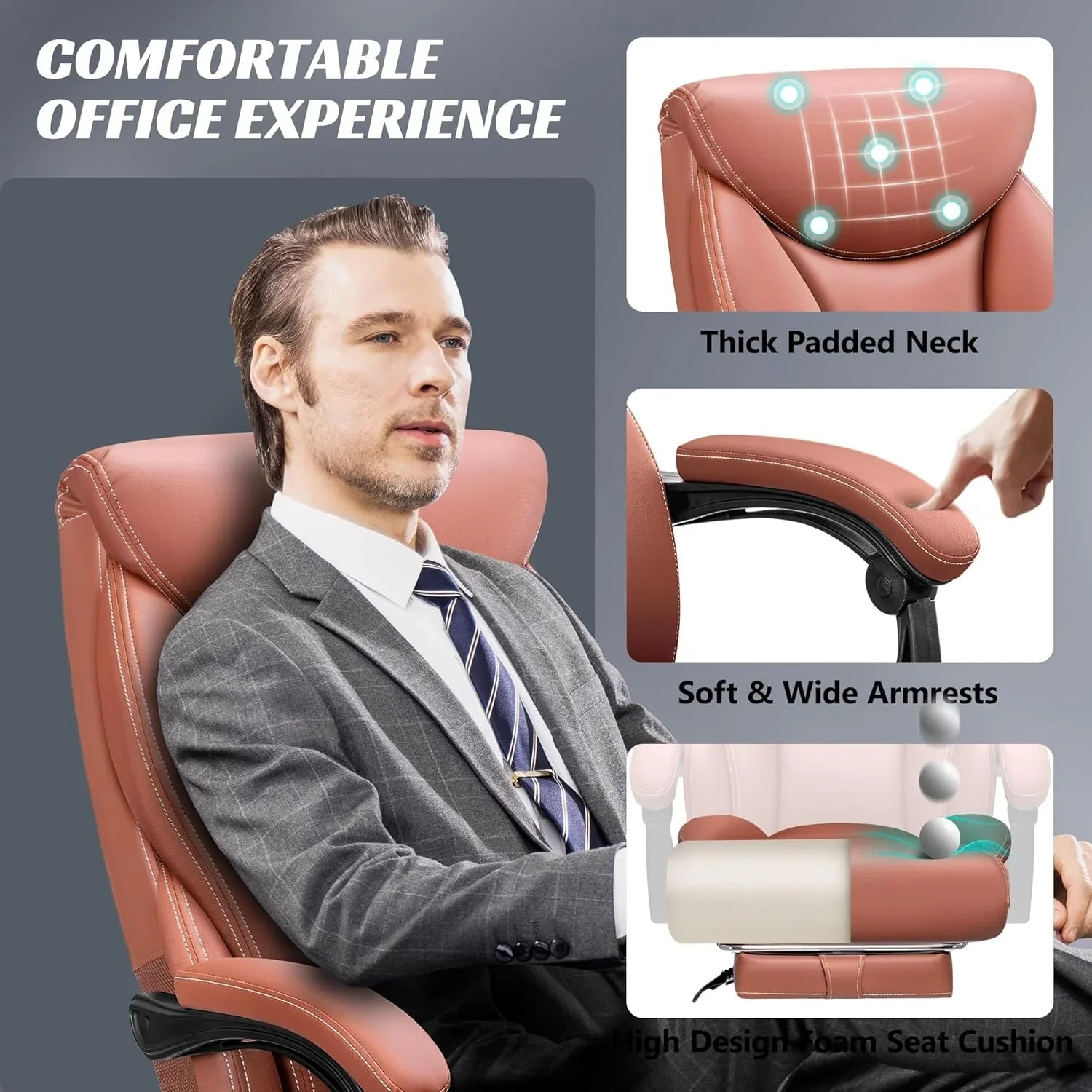 Chaise de bureau pivotante à pieds hauts, en cuir respirant, avec support lombaire