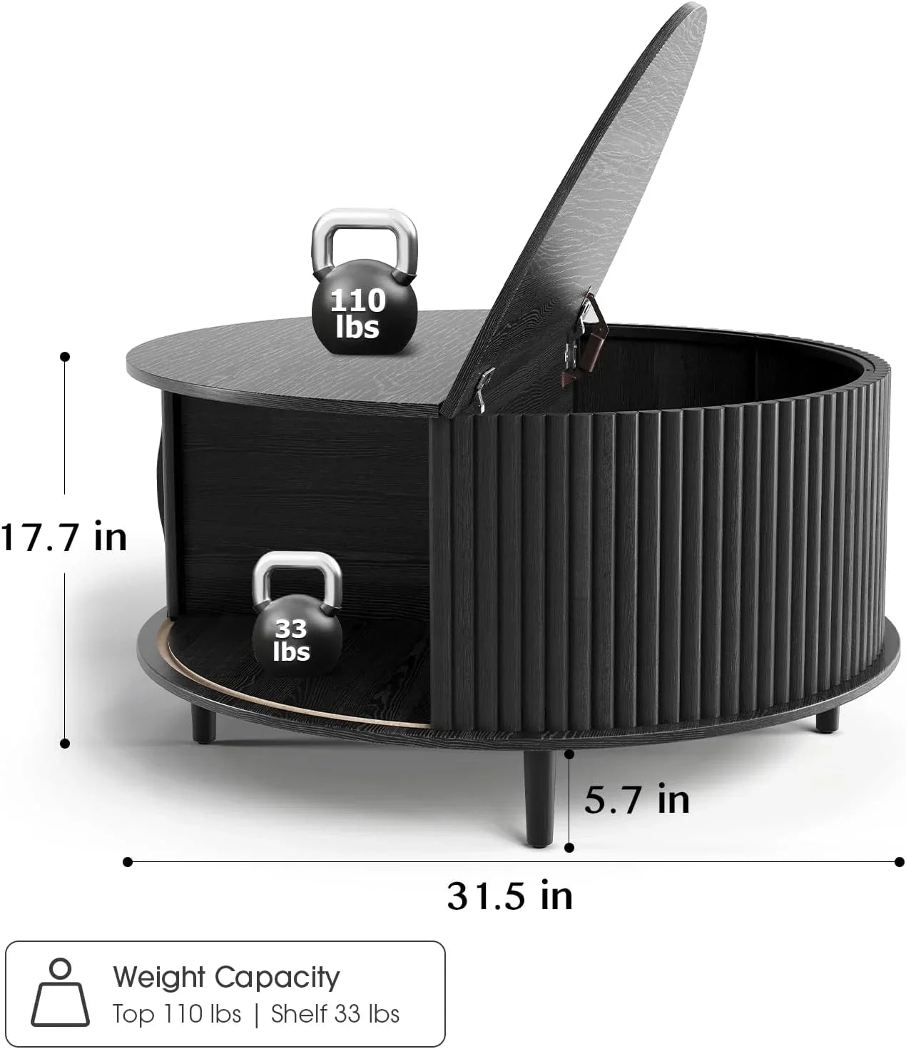 Table basse ronde avec rangement, table centrale encastrée avec portes coulissantes