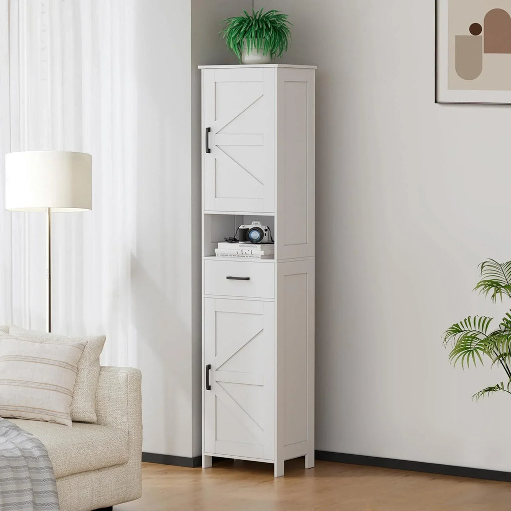 Meuble de rangement de salle de bain Homhedy de 67 po de hauteur avec 2 portes de grange et 1 tiroir