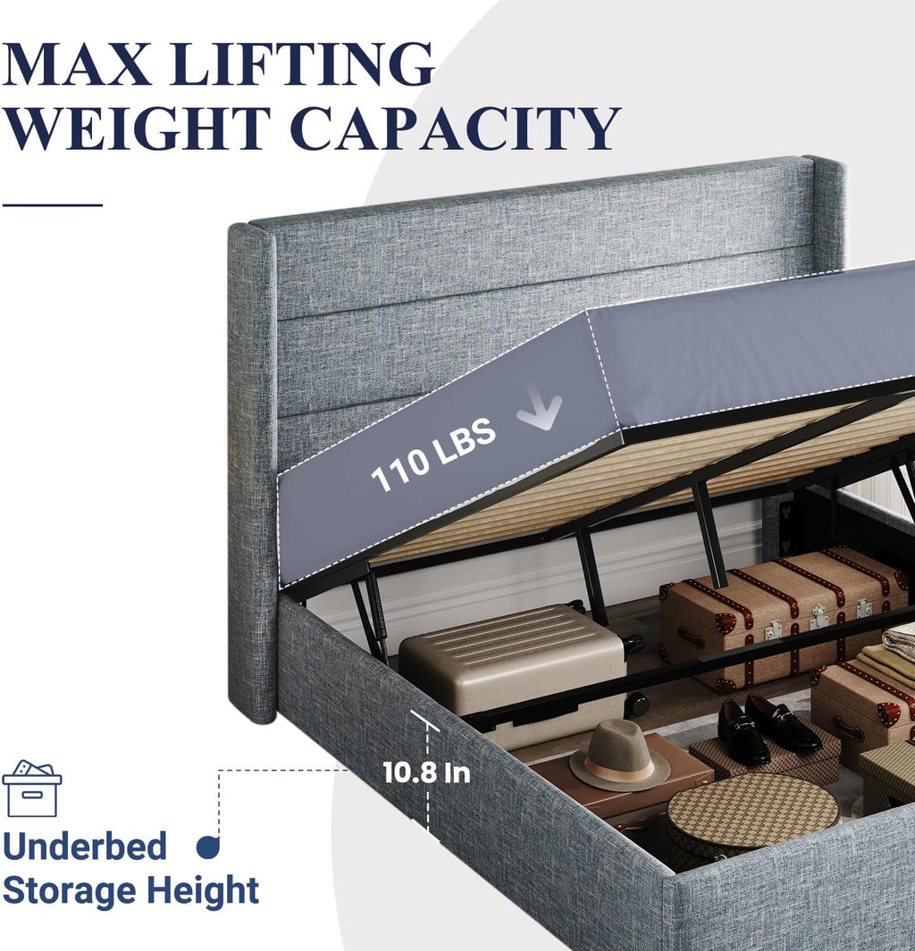 Lit queen-size relevable avec rangement Allewie, tête de lit à oreilles moderne et support hydraulique
