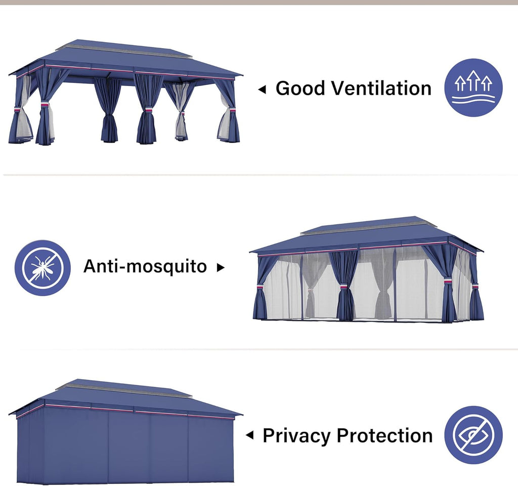 Tente pavillon d'extérieur améliorée à double toit, auvent imperméable UV50+ avec filet et crochets