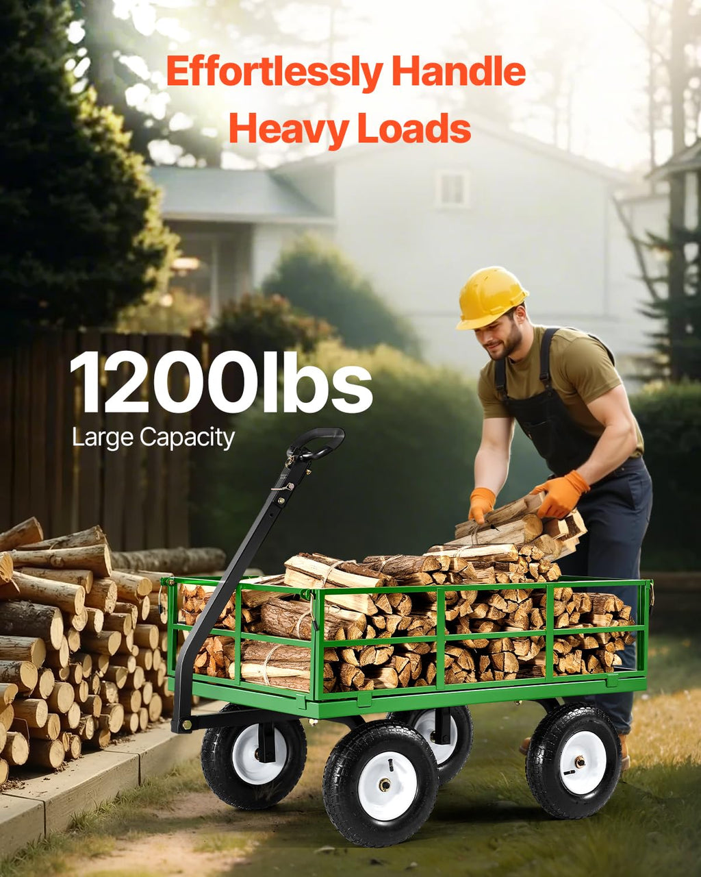 VEVOR Tuintransportwagen, draagvermogen 900 lb (ca. 408 kg), robuuste metalen transportwagen voor buiten met 254 mm banden, verstelbare en afneembare gaaswanden, 180° draaibare handgreep, geelzwart 