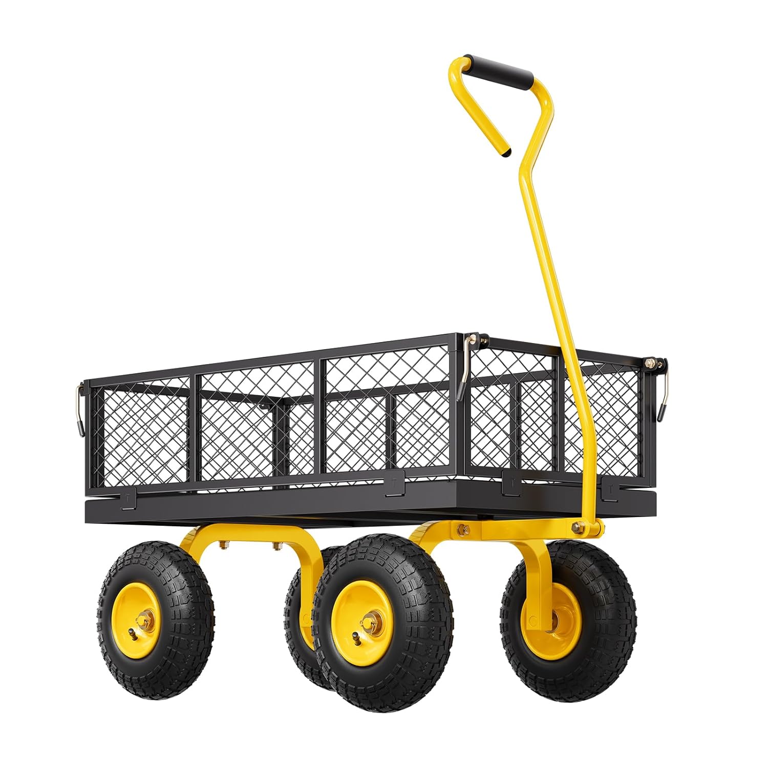 VEVOR Tuintransportwagen, draagvermogen 900 lb (ca. 408 kg), robuuste metalen transportwagen voor buiten met 254 mm banden, verstelbare en afneembare gaaswanden, 180° draaibare handgreep, geelzwart 